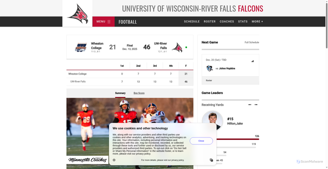 Security scan screenshot of https://uwrfsports.com/news/2025/12/13/falcon-footballs-historic-run-continues-advancing-to-ncaa-semifinals-with-46-21-win-over-wheaton.aspx