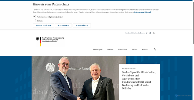 Security scan screenshot of https://www.aussiedlerbeauftragter.de/Webs/AUSB/DE/startseite/startseite-node.html