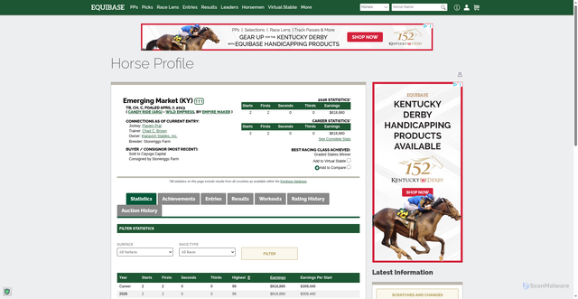 Security scan screenshot of https://www.equibase.com/profiles/Results.cfm?type=Horse&refno=11307799&registry=T&rbt=TB