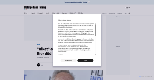 Security scan screenshot of https://www.blt.se/noje/riket-skadespelaren-udo-kier-dod/