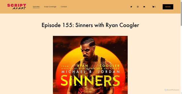 Security scan screenshot of https://www.scriptapart.com/episodes/sinners-ryan-coogler-spoiler-interview