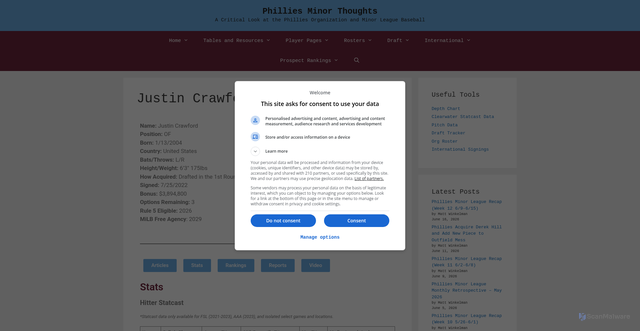 Security scan screenshot of https://philliesminorthoughts.com/player-pages/outfielders/justin-crawford/