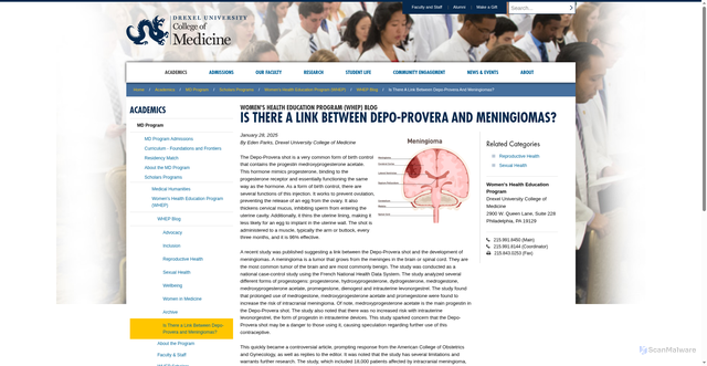 Security scan screenshot of https://drexel.edu/medicine/academics/md-program/scholars-programs/womens-health-education-program/whep-blog/is-there-a-link-between-depo-provera-and-meningiomas/
