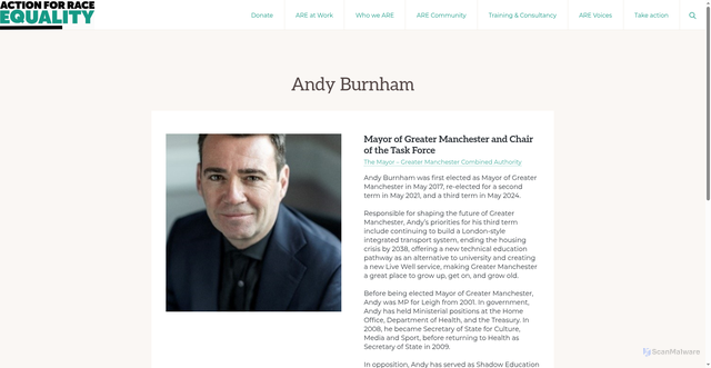 Security scan screenshot of https://actionforraceequality.org.uk/andy-burnham/