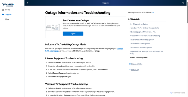 Security scan screenshot of https://www.spectrumbusiness.net/support/internet/troubleshooting-your-spectrum-services-after-outage-1