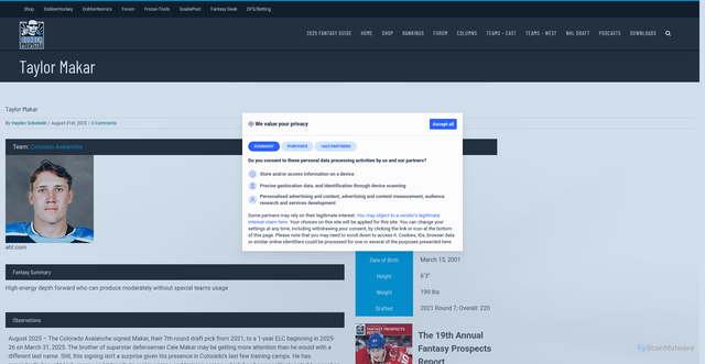 Security scan screenshot of https://dobberprospects.com/player/taylor-makar/