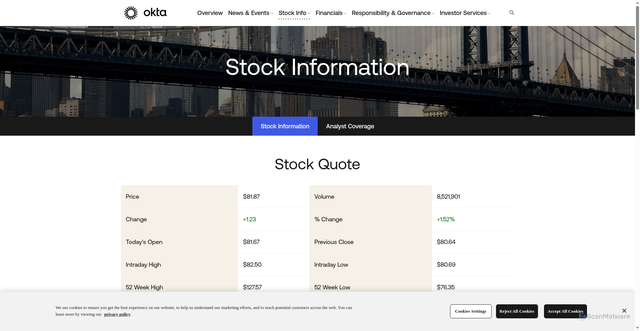 Security scan screenshot of https://investor.okta.com/stock-info/stock-information/default.aspx