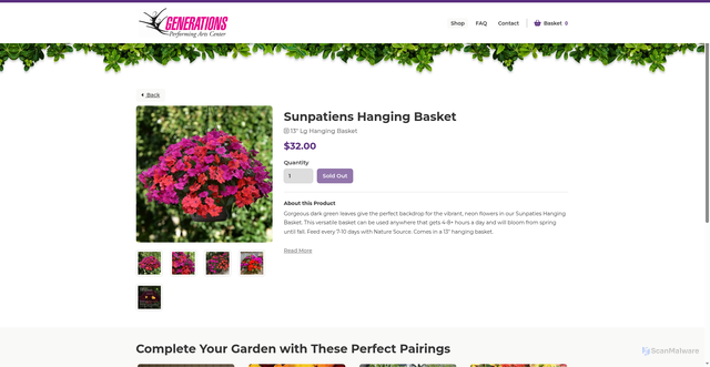 Security scan screenshot of https://generationsperforming.sowzer.com/shop_/t23049/t33175-sunpatiens-hanging-basket