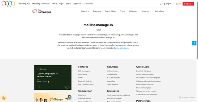 Security scan screenshot of https://zoho-zgph.maillist-manage.in