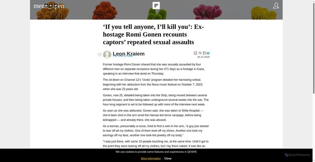 Security scan screenshot of https://qoshe.com/the-times-of-israel/leon-kraiem/-if-you-tell-anyone-i-ll-kill-you-ex-hostage-romi-gonen-recounts-captors-repeated-sexual/186964752