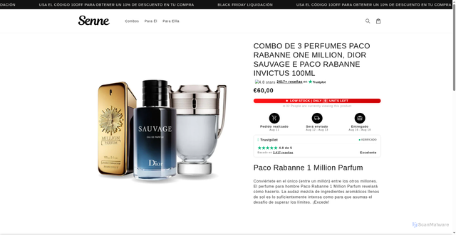 Security scan screenshot of https://seenee.site/products/como-3-perfumes-paco-rabanne-one-million-dior-sauvage-e-paco-rabanne-invictus-100ml