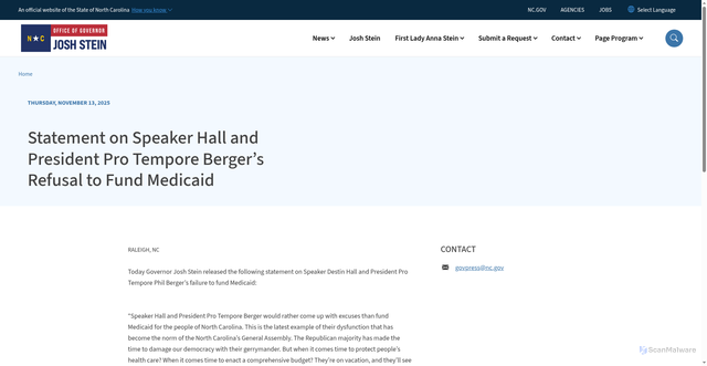 Security scan screenshot of https://governor.nc.gov/news/press-releases/2025/11/13/statement-speaker-hall-and-president-pro-tempore-bergers-refusal-fund-medicaid