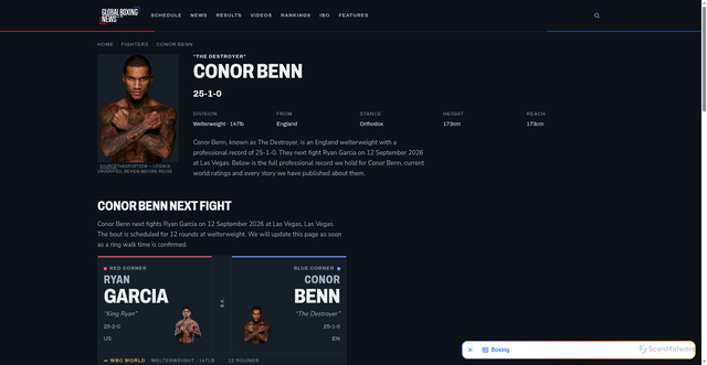 Security scan screenshot of https://globalboxingnews.co.uk/fighters/conor-benn