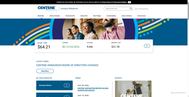 Security scan screenshot of https://investors.centene.com/