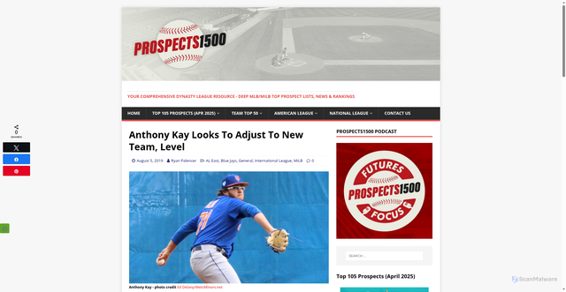 Security scan screenshot of https://www.prospects1500.com/milb/anthony-kay-looks-to-adjust-to-new-team-level/