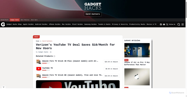 Security scan screenshot of https://cord-cutters.gadgethacks.com/news/verizons-youtube-tv-deal-saves-10month-for-new-users/