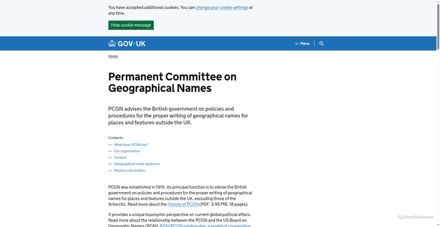 Security scan screenshot of https://www.gov.uk/government/groups/the-permanent-committee-on-geographical-names
