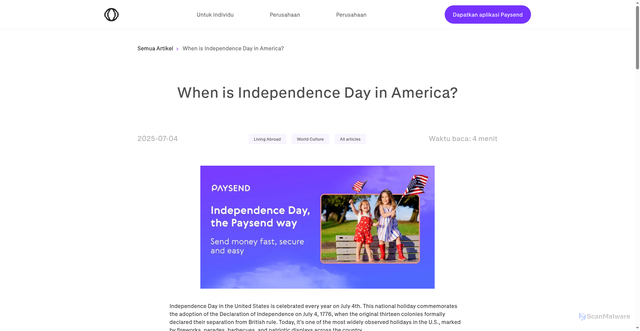 Security scan screenshot of https://paysend.com/in/blog/4th-of-july-independence-day-meaning-history-celebration