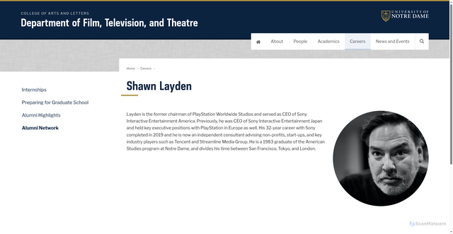 Security scan screenshot of https://ftt.nd.edu/careers/alumni-network/shawn-layden/