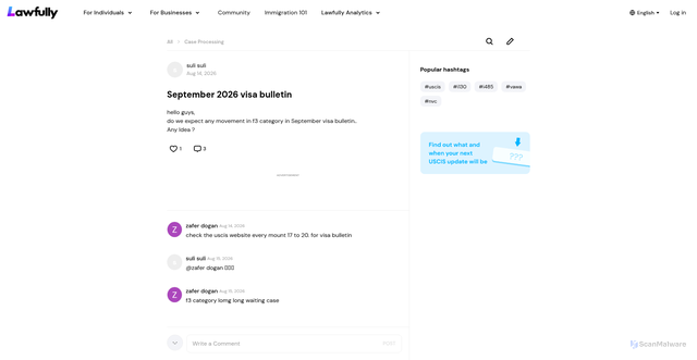 Security scan screenshot of https://www.lawfully.com/community/posts/september-visa-bulletin-OuNSEh59oZgqlvd6YkG8gQ==