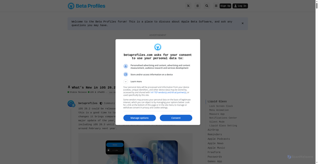 Security scan screenshot of https://forum.betaprofiles.com/t/what-s-new-in-ios-26-2-all-features-and-changes/23020