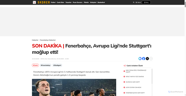 Security scan screenshot of https://www.milliyet.com.tr/skorer/live-uefa-avrupa-liginde-fenerbahcenin-konugu-stuttgart-7469272
