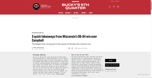 Security scan screenshot of https://www.buckys5thquarter.com/wisconsin-badgers-mens-basketball/87258/wisconsin-badgers-basketball-news-3-quick-takeaways-96-64-win-over-campbell-john-blackwell-nick-boyd