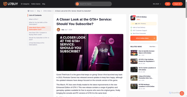 Security scan screenshot of https://www.u7buy.com/blog/a-closer-look-at-the-gta-service-should-you-subscribe/
