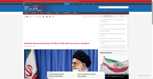Security scan screenshot of https://www.islamtimes.com/en/news/801779/ayatollah-khamenei-dismisses-us-offer-of-talks-with-iran-as-mere-deception