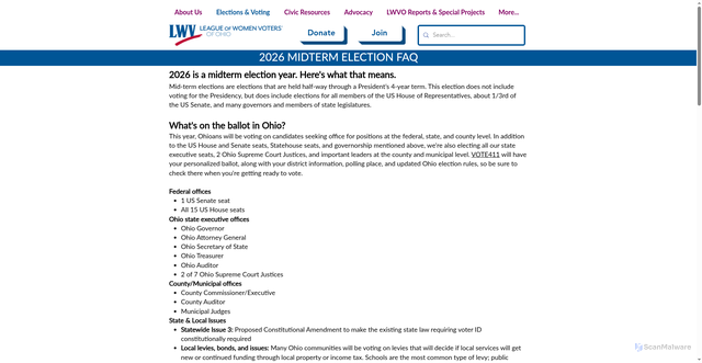 Security scan screenshot of https://www.lwvohio.org/primary-elections-faq