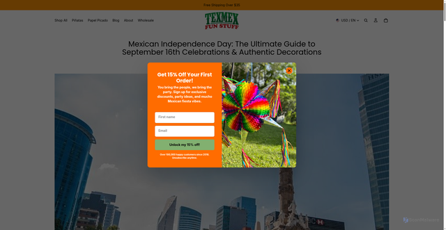 Security scan screenshot of https://www.texmexfunstuff.com/blogs/mexican-culture/mexican-independence-day-ultimate-guide-dia-de-la-independencia-celebrations?srsltid=AfmBOoo6SVlzSWSJVTJqsdaI5pn8B9GUrFPhSApxA_h4sjL5j7oA-dOm