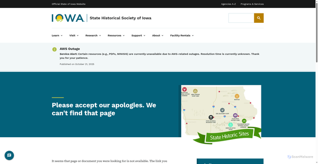 Security scan screenshot of https://history.iowa.gov/about-us/about/grants/iowa-great-places/