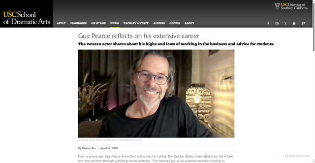 Security scan screenshot of https://dramaticarts.usc.edu/guy-pearce-reflects-on-his-extensive-career/