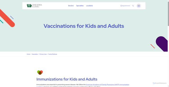 Security scan screenshot of https://www.iowaclinic.com/specialties/primary-care/family-medicine/vaccinations-for-kids-and-adults/