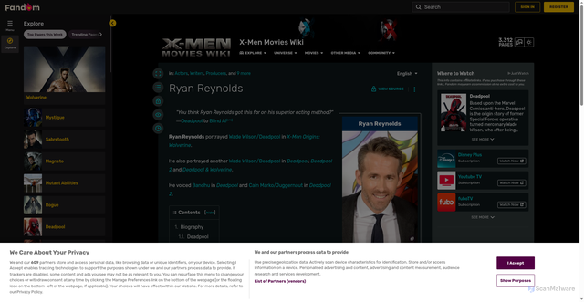 Security scan screenshot of https://xmenmovies.fandom.com/wiki/Ryan_Reynolds