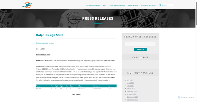 Security scan screenshot of https://media.miamidolphins.com/press_releases/dolphins-sign-stille/