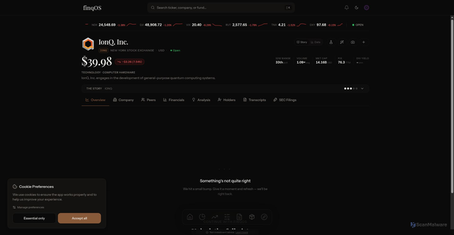 Security scan screenshot of https://finqos.com/stock/IONQ
