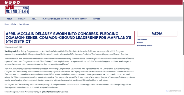Security scan screenshot of http://mcclaindelaney.house.gov/media/press-releases/april-mcclain-delaney-sworn-congress