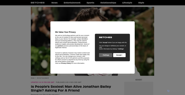 Security scan screenshot of https://www.betches.com/article/entertainment/jonathan-bailey-dating-history-boyfriends-exes-today-283261-20251104
