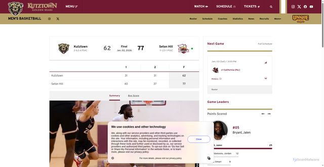Security scan screenshot of https://kubears.com/news/2026/1/2/mens-basketball-rally-comes-up-short-as-mens-basketball-falls-at-seton-hill-77-62.aspx