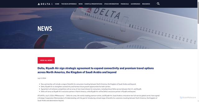Security scan screenshot of https://ir.delta.com/news/news-details/2024/Delta-Riyadh-Air-sign-strategic-agreement-to-expand-connectivity-and-premium-travel-options-across-North-America-the-Kingdom-of-Saudi-Arabia-and-beyond/default.aspx