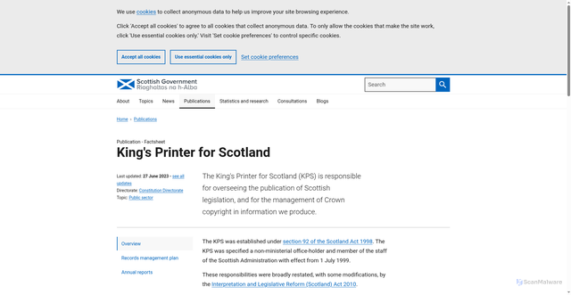 Security scan screenshot of https://www.gov.scot/publications/kings-printer-for-scotland/