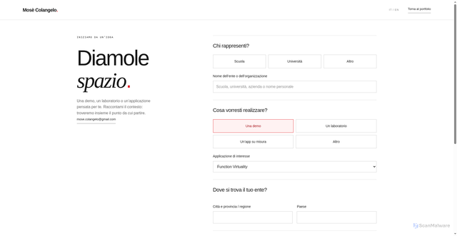 Security scan screenshot of https://mose-colangelo.com/contatti?request=demo&app=Function%20Virtuality&lang=it