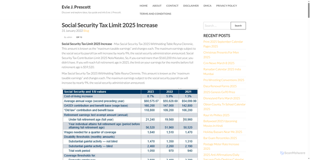 Security scan screenshot of https://eviejprescott.pages.dev/simtp-social-security-tax-limit-2025-increase-cajsa/