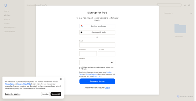 Security scan screenshot of https://www.dropbox.com/scl/fo/of3s80xswzxurt1rp84cw/APBUn_IdQ1sugHHyA5aF9Eo