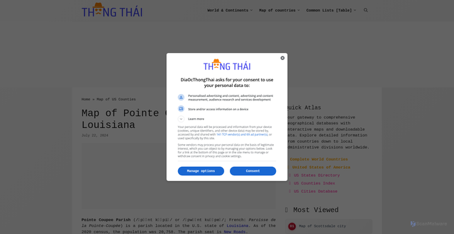 Security scan screenshot of https://diaocthongthai.com/en/map-of-pointe-coupee-parish-louisiana/