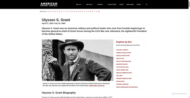 Security scan screenshot of https://www.americanhistorycentral.com/entries/ulysses-s-grant/