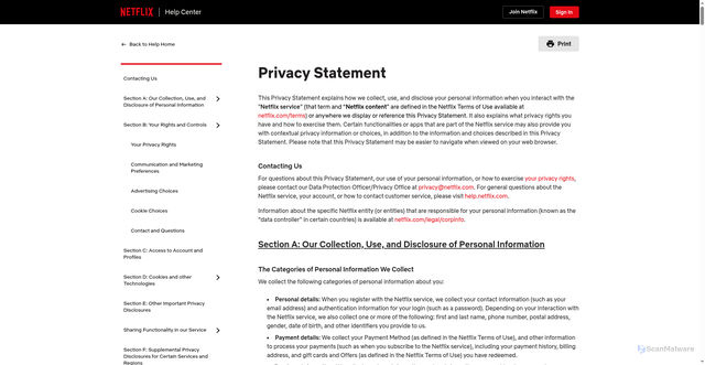 Security scan screenshot of https://help.netflix.com/legal/privacy?g=5932d315-9ecd-4c05-8158-a45b7fa069d5