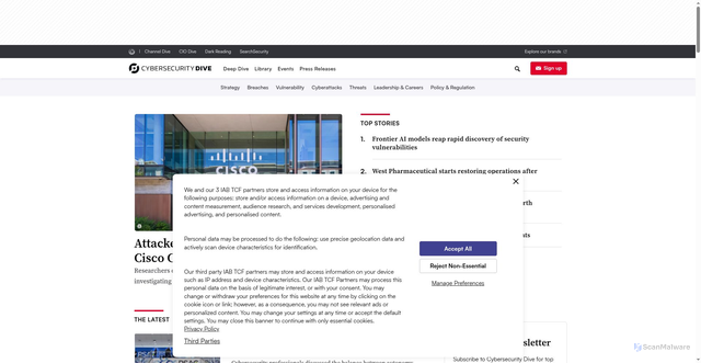 Security scan screenshot of https://www.cybersecuritydive.com