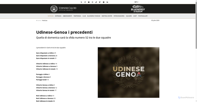 Security scan screenshot of https://www.udinese.it/Apps/WebObjects/Udinese.woa/wa/viewSection?id=44248&lang=esp